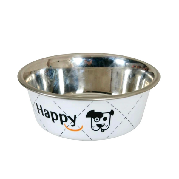 Cat And Dog Happy Stainless Steel Dog Bowls - White 0.4L