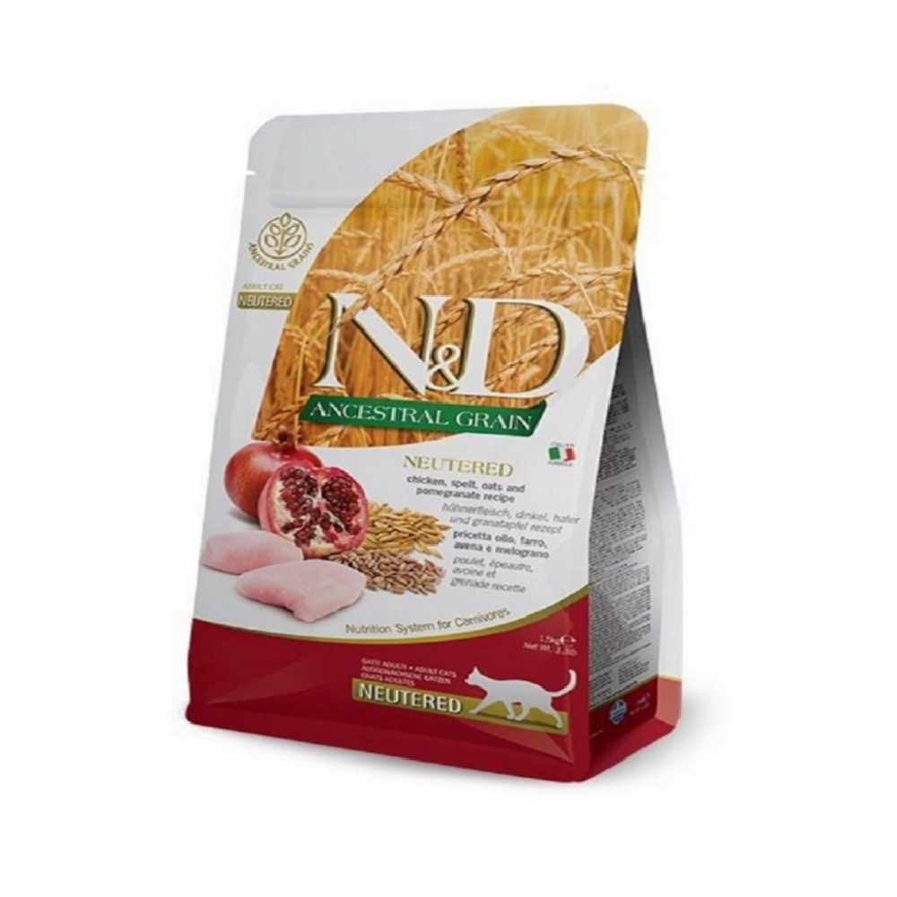 Farmina N&D Ancestral Grain Chicken Spelt oats and Pomegranate recipe Neutered Adult Cat Dry Food 1.5Kg