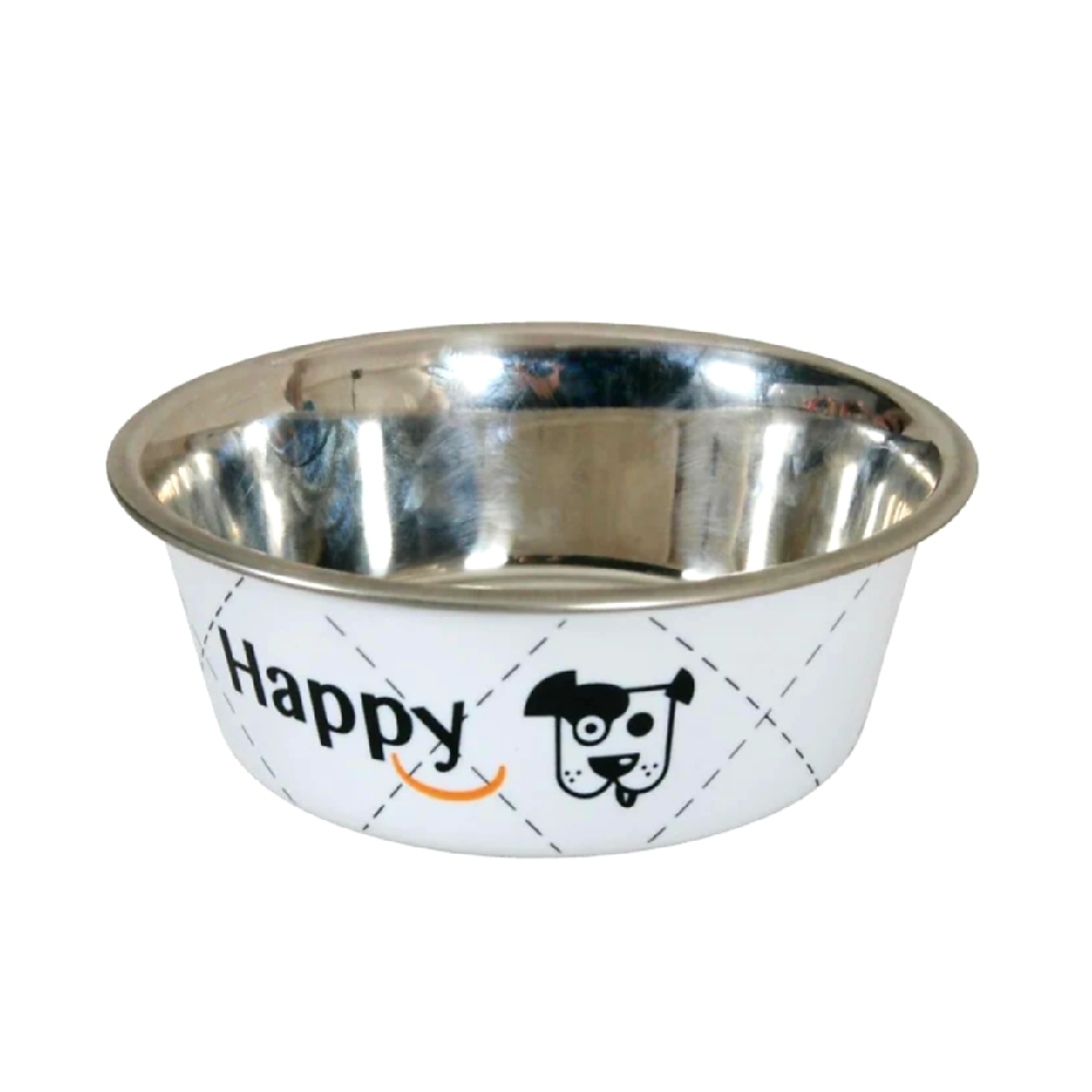 Cat And Dog Happy Stainless Steel Dog Bowls - White 0.4L
