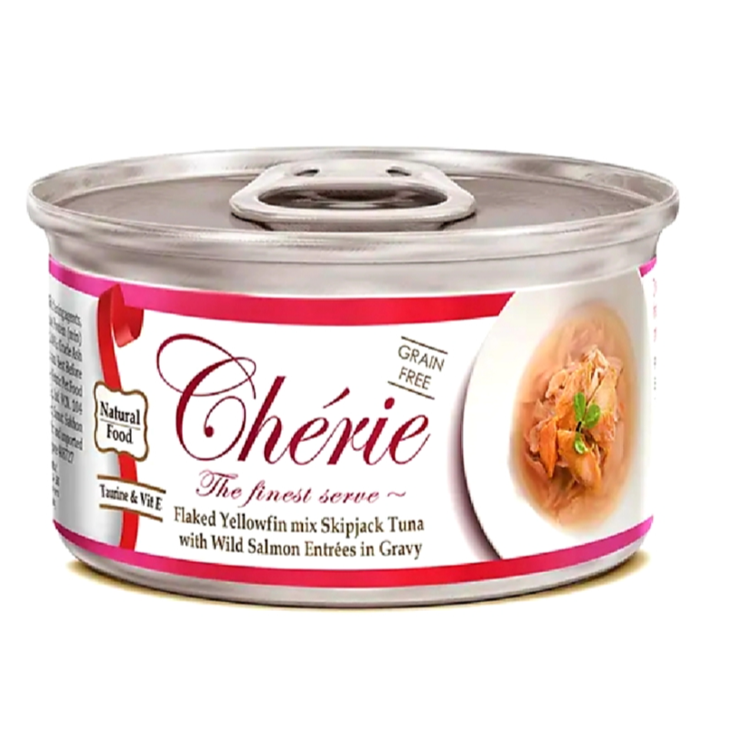Cherie Flaked Yellowfin mix Skipjack Tuna with Wild Salmon Entrées in Gravy 80g