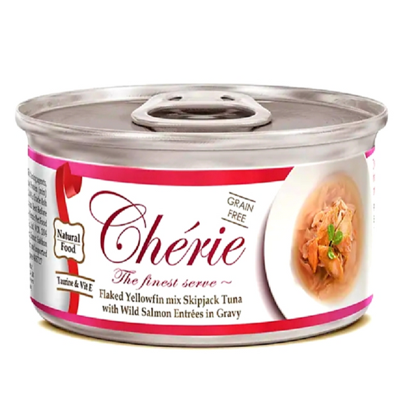 Cherie Flaked Yellowfin mix Skipjack Tuna with Wild Salmon Entrées in Gravy 80g